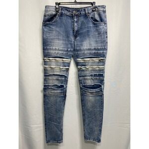 Victorious Mens Blue Distressed Moto Biker Jeans Zipper Accents 36x34 Slim Fit